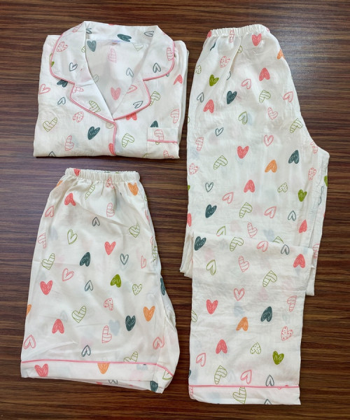 3 Pc heart Printed Night Suit