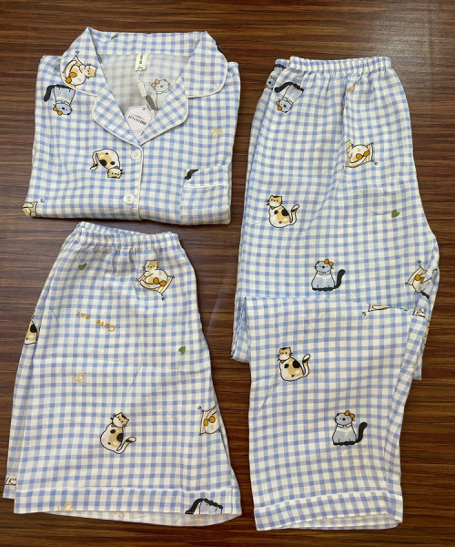 Meow Check Printed Night Wear